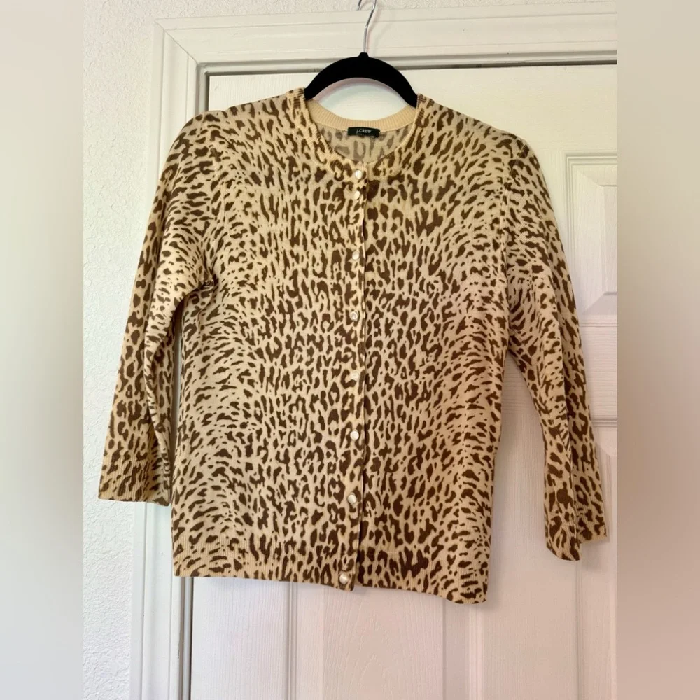 J. Crew Brown and Tan Leopard Print Wool Cardigan - Picture 3 of 9